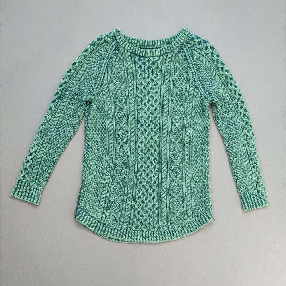 L.L. Bean Signature Cable Knit Sweater M Green Cotton Side Zip